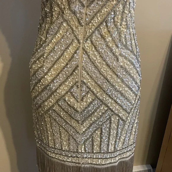 Sold Aidan Mattox Gold Silver Fringe Sequin Dress - Picture 5 of 8